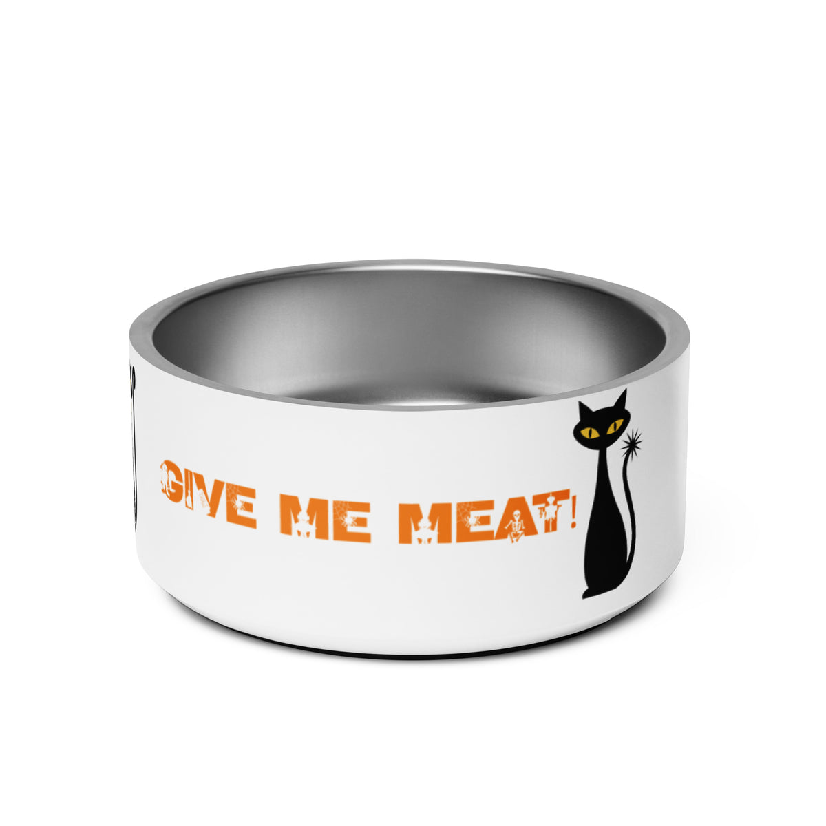 Trick or Treat Give Me Meat White Cat Bowl 18 oz Back View 32 oz Left View