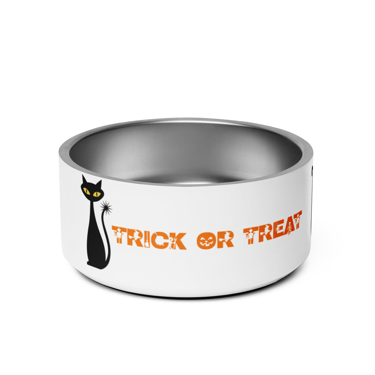 Trick or Treat Give Me Meat White Cat Bowl 18 oz Back View 32 oz Right View