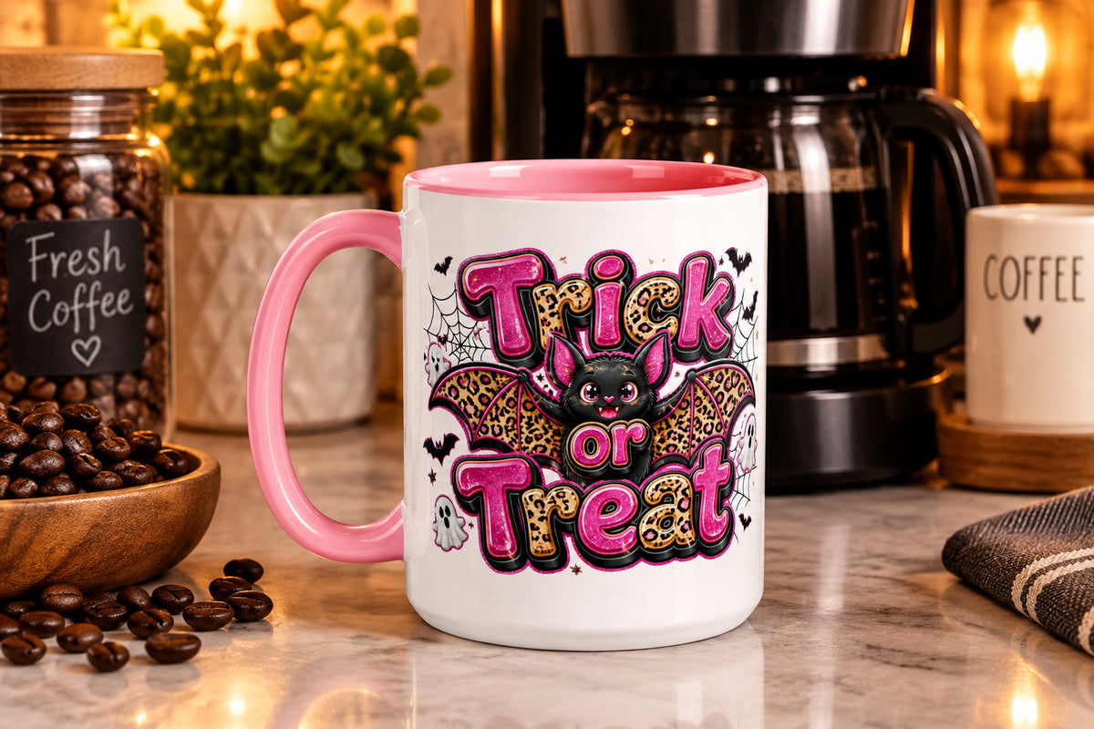 Trick or Treat Pink and Cheetah Bat - White Mug with Pink Color Trim 15 oz - Left Handle View 