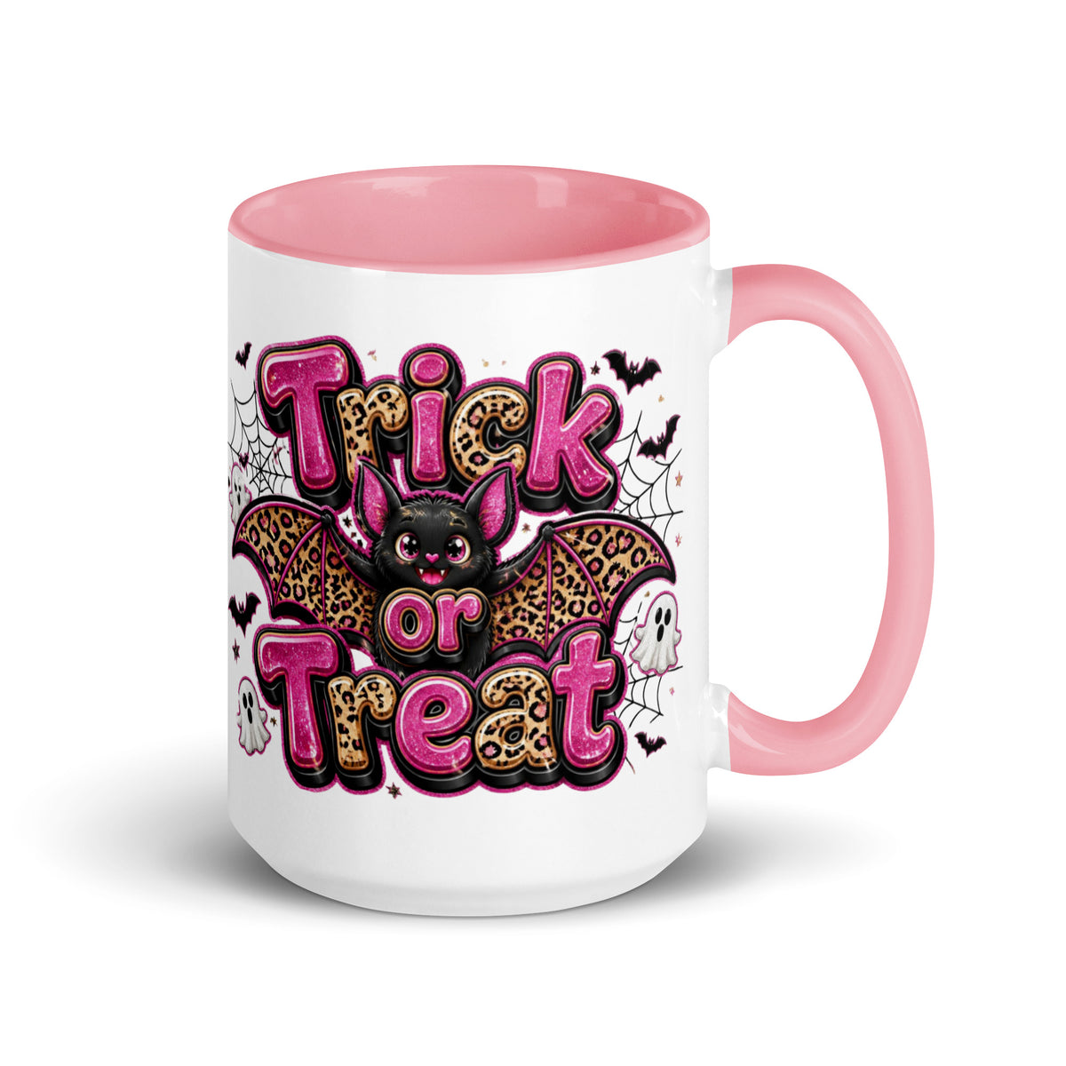Trick or Treat Pink and Cheetah Bat - White Mug with Pink Color Trim 15 oz - Right Handle View