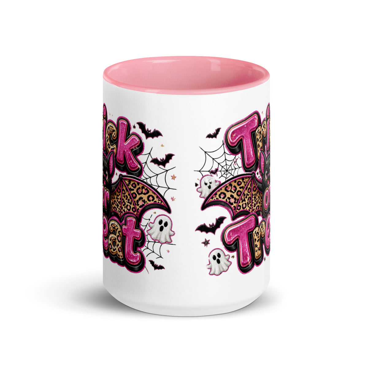 Trick or Treat Pink and Cheetah Bat - White Mug with Pink Color Trim 15 oz - Side View