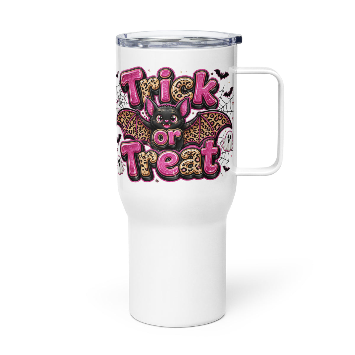 Trick or Treat Pink and Cheetah Bat Travel Mug with Handle 25 oz - Left Handle View