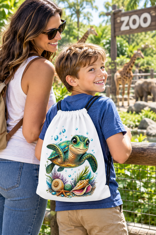 Turtle Lover Boy White Drawstring Bag 