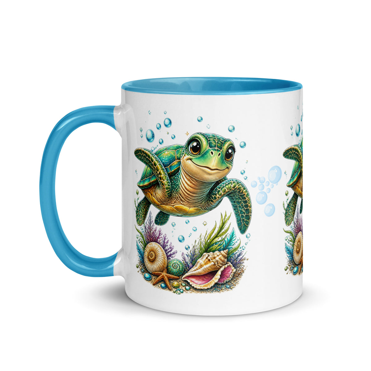 Turtle Lover Boy White Mug with Blue Color Trim - 11 oz - Left View