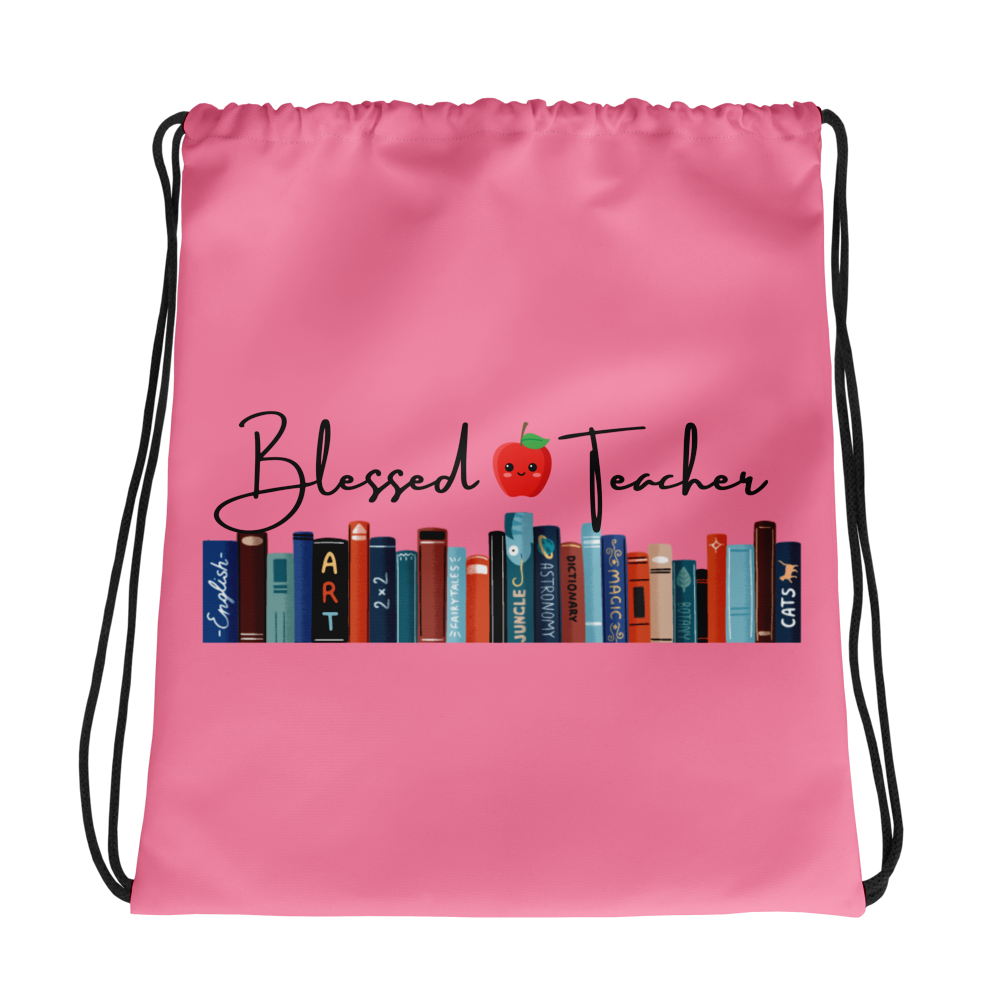 Blessed Teacher Tickle Me Pink Drawstring Backpack