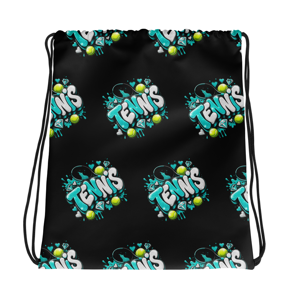 Tennis Turquoise & White - Black Drawstring Bag